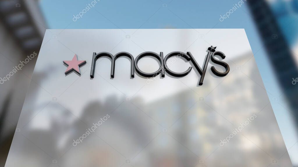 3d illustration, Glossy Macy's emblem on exterior city wall, 3d rendering