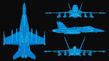 Military plane 3d wireframe with thin blue lines. Aviation futuristic hologram on black background. 3d illustration clipart