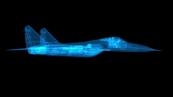 Militärflugzeug Drahtgestell Mit Dünnen Blauen Linien Futuristisches Hologramm Auf Schwarzem — Stockvideo