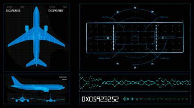 Bir ekranda düzlem şeması ve navigasyon sistemi olan bir bilgisayar ekranında gelecekteki HUD elemanları. Hitech İllüstrasyonu