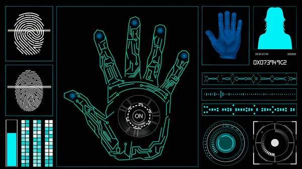 Elementos Hud Una Pantalla Computadora Con Escaneo Manual Huellas Digitales — Foto de Stock