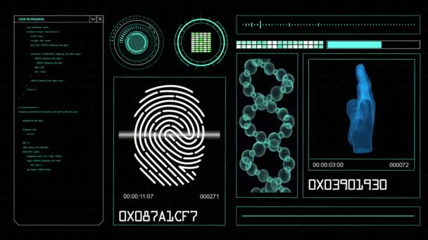 Hud Elementos Monitor Computador Com Digitalização Manual Impressões Digitais Uma — Vídeo de Stock