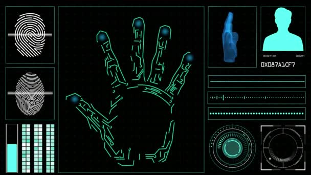 屏幕上的手工扫描和指纹显示计算机上的Hud元素 — 图库视频影像