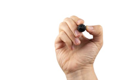 Elinde siyah bir kalem var. Beyaz arka planda izole edilmiş. Beyaz tahta çizim modeli