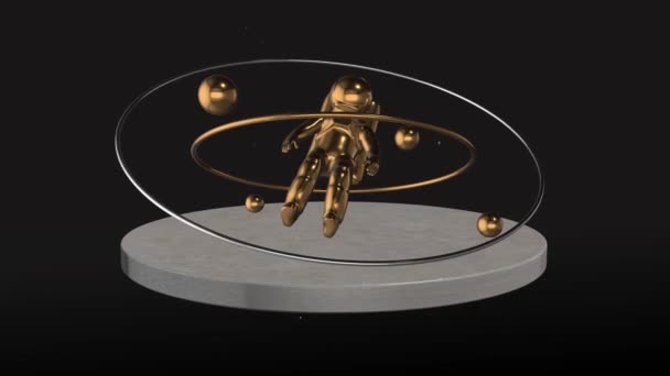 金色宇航员3D动画 现代外层空间艺术的概念 宇航员和行星在黑色背景上的3D渲染 — 图库视频影像