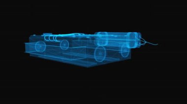Patlayıcı dinamit kablo şeması. Mavi çizgili 3D görüntüleme. Siyah arkaplanda döngü döndürmesi. 