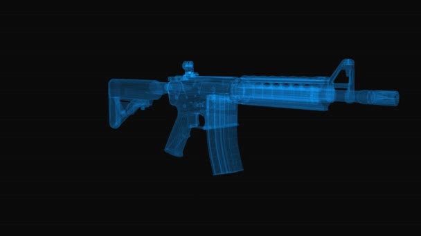 Machinegeweer Afluisterschema Renderen Met Blauwe Rasterlijnen Loop Rotatie Zwarte Achtergrond — Stockvideo