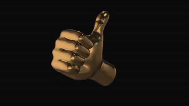 Золотой Палец Вверх Реалистичной Рукой Вращение Петли Черном Фоне — стоковое видео