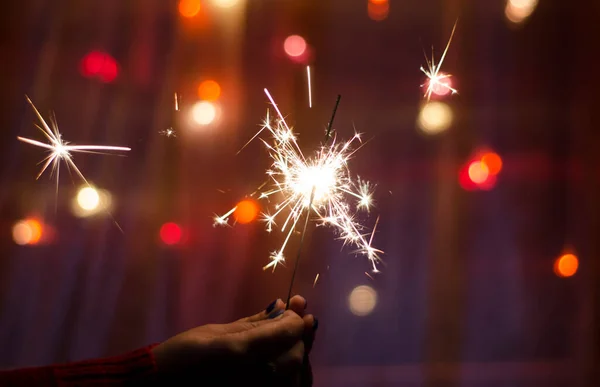 Person Hold Sparkler Stick Hand Festival Sparklers Happy New Year — Stock Photo, Image