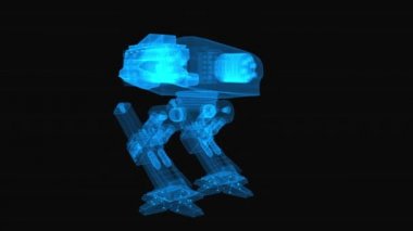 Gelecekçi robot makineli tüfek taret kablo şeması. Mavi çizgili 3D görüntüleme. Siyah arkaplanda döngü döndürmesi.