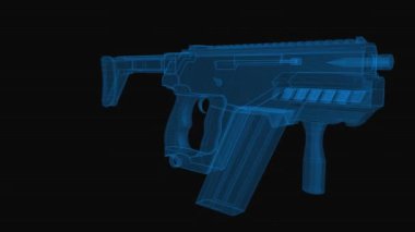 Küçük makineli tüfek teli şeması. Mavi çizgili 3D görüntüleme. Siyah arkaplanda döngü döndürmesi.