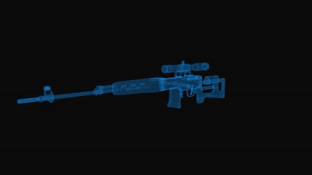 德拉古诺夫狙击步枪线框方案 3D渲染与蓝色网格线 黑色背景上的轮圈 — 图库视频影像