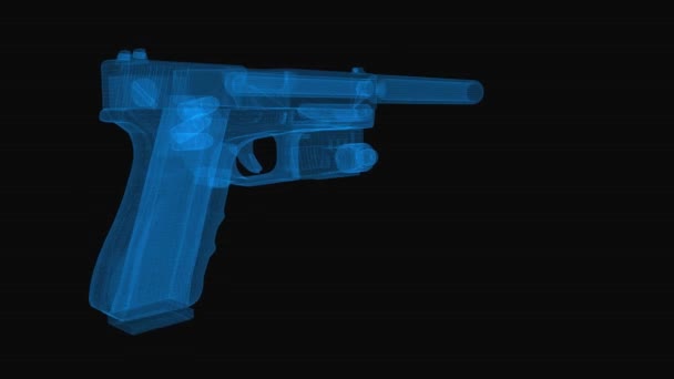 銃のワイヤーフレームの仕組みを 青いグリッド線で3Dレンダリングします 黒の背景のループ回転 — ストック動画