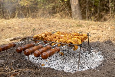 Sonbahar ormanında dışarıda Şaşlık barbeküsü pişir. Ormanda kamp ateşi