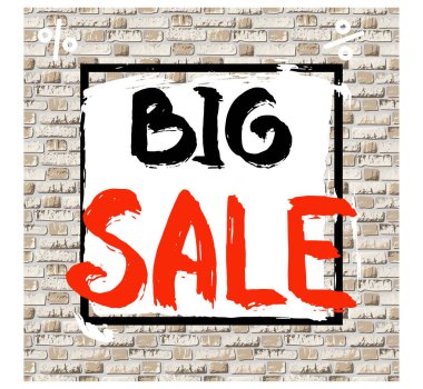 Büyük satışlar ve indirimli pankartlar tuğla duvar zemininde klasik desenli elle yazılmış harflerle..