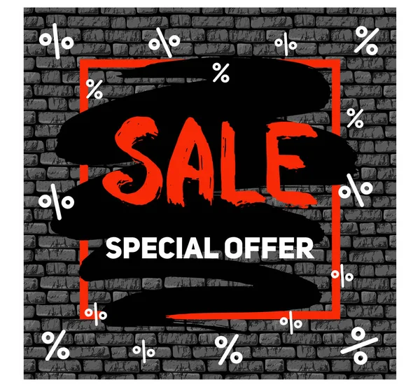 Büyük satışlar ve indirimli pankartlar tuğla duvar zemininde klasik desenli elle yazılmış harflerle..