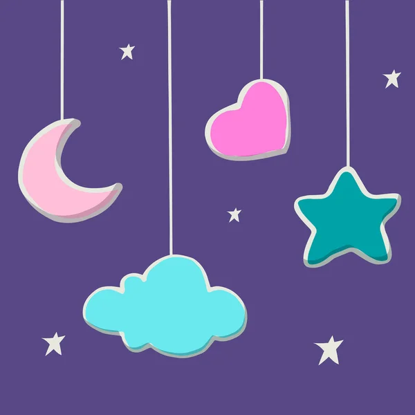 暗い夜の背景に赤ん坊のクレードルでの文字列上の単純な数字のイラスト ハートはパステルカラーで上から吊るされています 暗い青空と星が背景にあります ベクトルの子スタイルオブジェクト — ストックベクタ