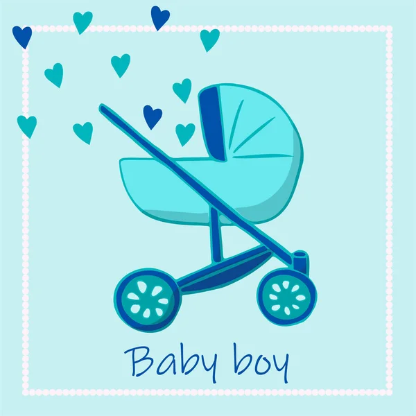 Blue Turquoise Baby Carriage Flying Hearts Welcome Party Postcard Baby — Stock Vector