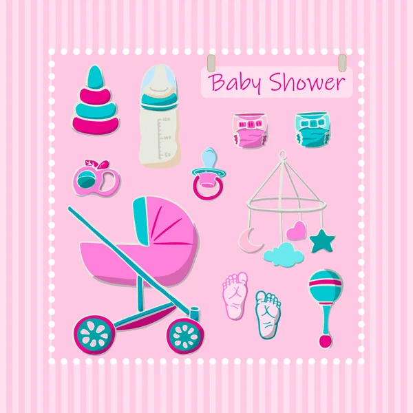 Kindersachen Wie Kinderwagen Windeln Fußabdrücke Spielzeug Milchflasche Und Beruhigungsmittel Babyduschkarte — Stockvektor
