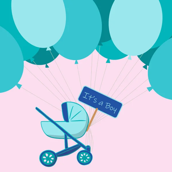 Kinderwagen Für Ein Baby Blauen Farben Ankündigung Einer Geburt Mit — Stockvektor