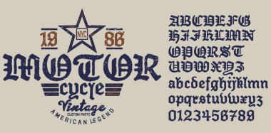  Emblem Motorcycle Collection .Decorative serif font inspired by the Art Deco era.The font is perfect for elegant ligatures logo design. Letters, Numbers and Symbols. Vector Illustration. clipart