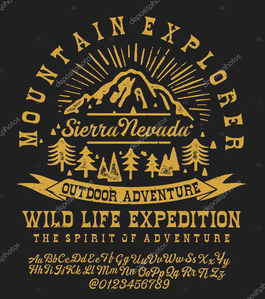Mountain illustration, outdoor adventure . Vector graphic for t shirt and other uses. Handmade Vintage Font for labels. Letters, Numbers and Symbols. Vector Illustration.