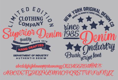 Klasik fırça betiği yazı tipi. Tişört ya da giysi için el yazısıyla kaligrafik alfabe. Alfabe biçiminde desenli eşsiz fırça. Moda ve baskı için eski moda vektör grafiği.
