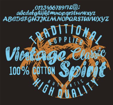 Handwritten calligraphic alphabet for t-shirt or apparel. Vintage brush script lettering font.Textured unique brush in alphabet style.Old school vector graphic for fashion and printing clipart