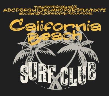 El yapımı Sörf Yazı Tipi (Yazı tipi). Özel el yazısı sörfçüler alfabesi. Orijinal Harfler ve Sayılar. Gömlek logosu için klasik el çizimi tipi. Vektör illüstrasyonu.