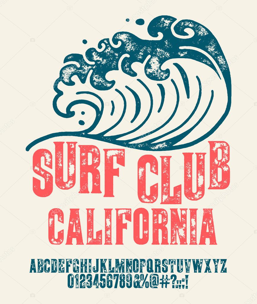 HandMade  Surfing Summer Font(Typeface). Custom handwritten surfers alphabet. Original Letters and Numbers. Vintage retro hand drawn type for shirt logo print. Vector illustration.