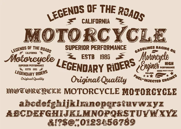 Motorcycle Club Community Logo Design Decorative Font Letters Numbers Symbols — Stock Vector