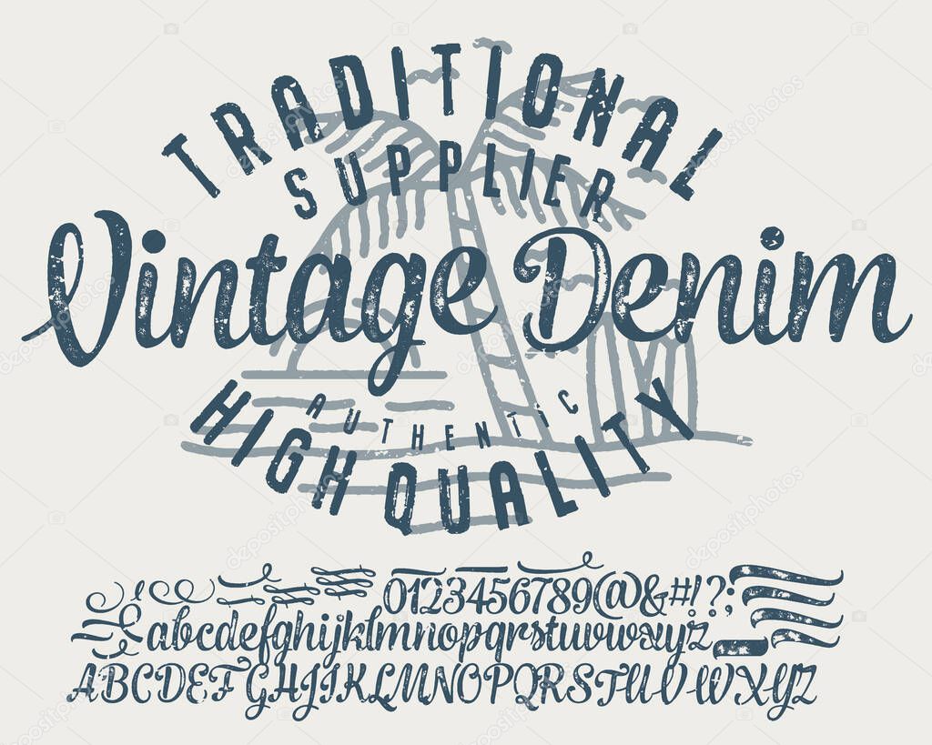 Craft retro vintage typeface design. Youth fashion type. Textured alphabet. Pop modern display vector letters. Drawn in graphic style. Set of Latin characters numbers