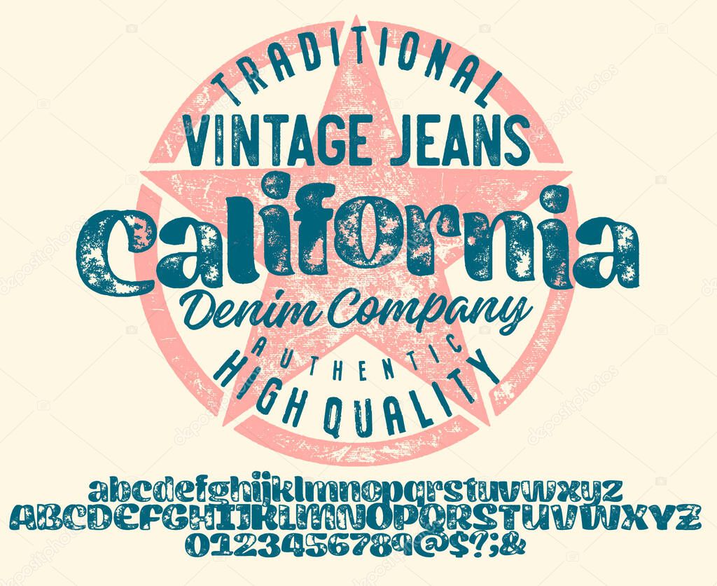 Craft retro vintage typeface design. Youth fashion type. Textured alphabet. Pop modern display vector letters. Drawn in graphic style. Set of Latin characters number
