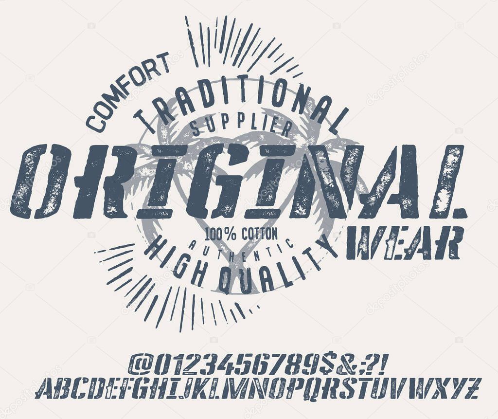 Craft retro vintage typeface design. Youth fashion type. Textured alphabet. Pop modern display vector letters. Drawn in graphic style. Set of Latin characters number