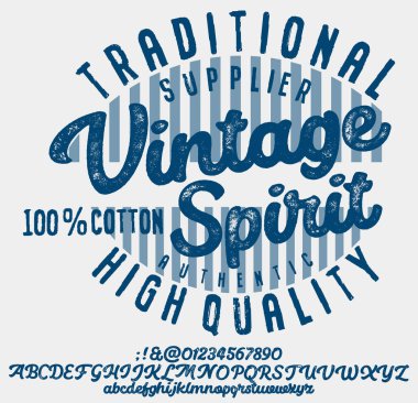 Tişört ya da giysi için el yazısıyla kaligrafik alfabe. Klasik fırça betiği yazı tipi. Alfabe biçiminde desenli eşsiz fırça. Moda ve baskı için eski usul vektör grafiği..