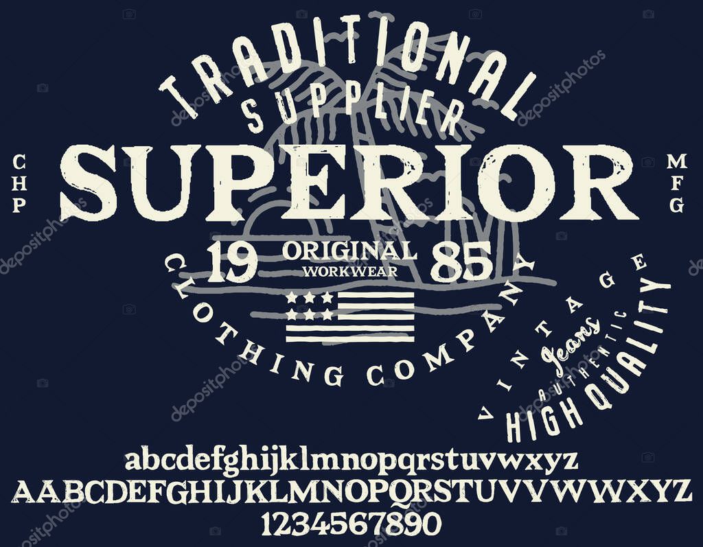 Craft retro vintage typeface design. Youth fashion type. Textured alphabet. Pop modern display vector letters. Drawn in graphic style. Set of Latin characters numbers