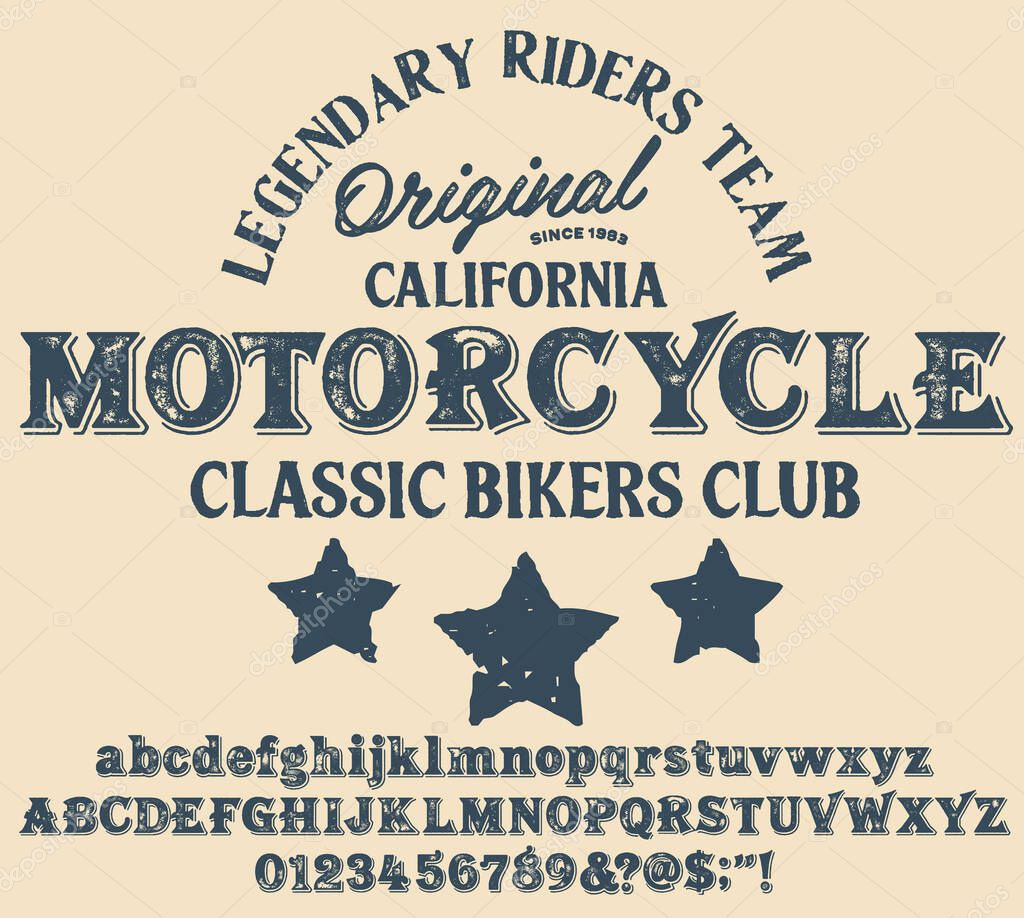 Motorcycle club community logo design.Decorative  font. Letters, Numbers and Symbols. Vector Illustration