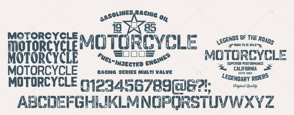 Motorcycle club community logo design.Decorative  font. Letters, Numbers and Symbols. Vector Illustration