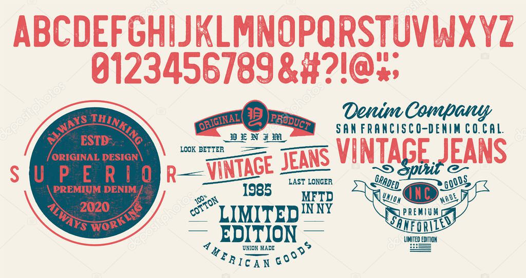 Craft retro vintage typeface design. Youth fashion type. Textured alphabet. Pop modern display vector letters. Drawn in graphic style. Set of Latin characters numbers