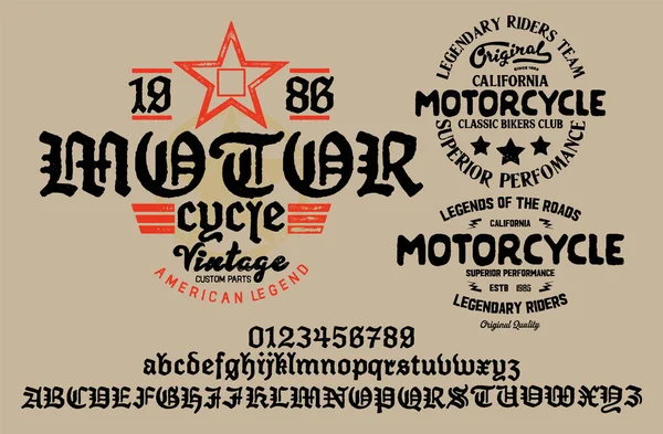 Moto Club Design Logo Communautaire Fonte Décorative Lettres Chiffres Symboles — Image vectorielle