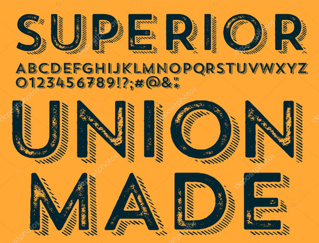 Craft retro vintage typeface design. Youth fashion type. Textured alphabet. Pop modern display vector letters. Drawn in graphic style. Set of Latin characters number
