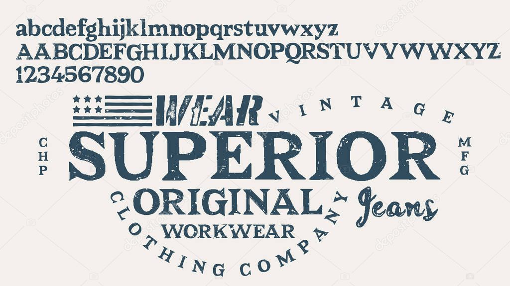 Craft retro vintage typeface design. Youth fashion type. Textured alphabet. Pop modern display vector letters. Drawn in graphic style. Set of Latin characters numbers