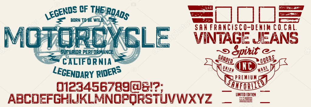 Craft retro vintage typeface design. Youth fashion type. Textured alphabet. Pop modern display vector letters. Drawn in graphic style. Set of Latin characters numbers