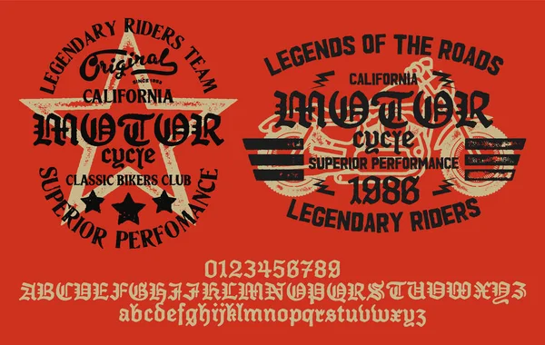 Motorfiets Club Community Logo Design Decoratieve Lettertype Brieven Nummers Symbolen — Stockvector