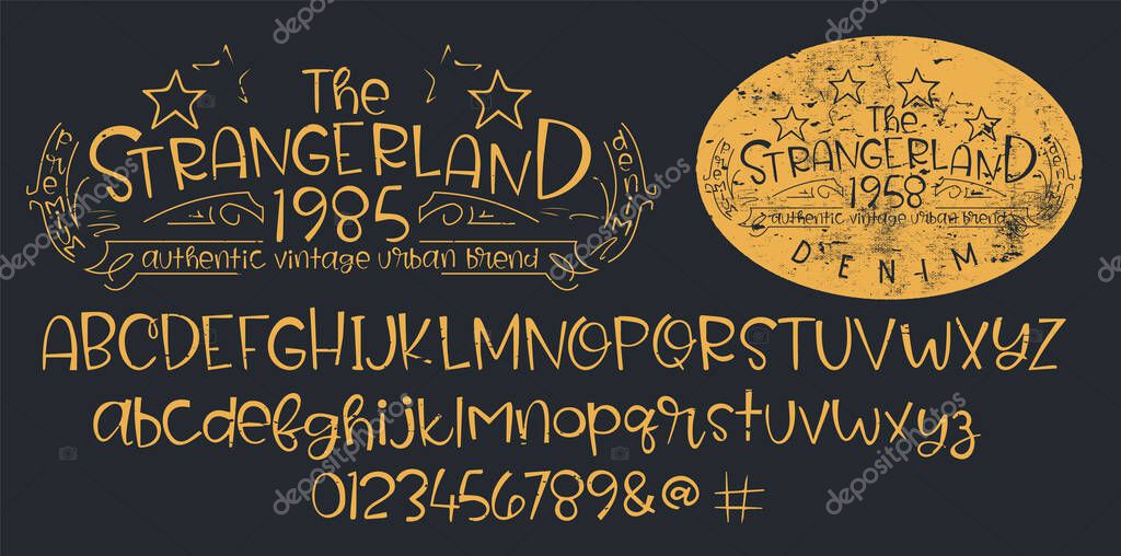 Craft retro vintage typeface design. Youth fashion type. Textured alphabet. Pop modern display vector letters. Drawn in graphic style. Set of Latin characters numbers