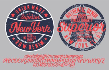 Amerikan kotu, kot pantolon ve çiğ temalı vektör illüstrasyonu. Klasik tasarım. Grunge 'un geçmişi. Tipografi, tişört grafikleri, baskı, poster, afiş, broşür, posta kartı. Etiketler için el yapımı Vintage Yazı Tipi.