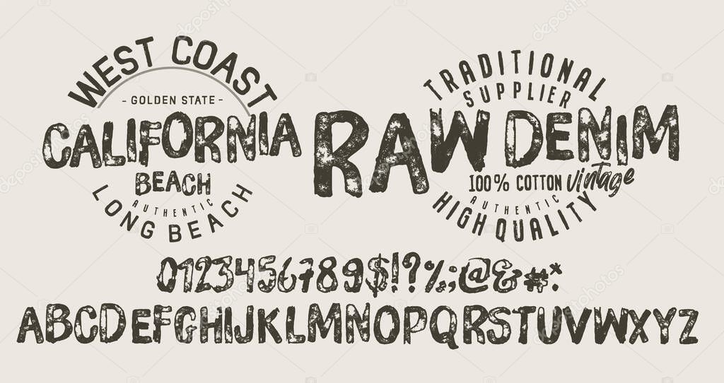 Original vintage Denim print  for t-shirt or apparel. Old school vector graphic for fashion and printing. Hand drawn  calligraphy typeface. 