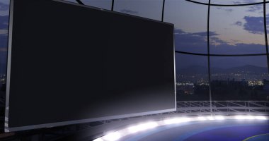 Televizyon programı arkaplanı, video duvarlı. Sanal izleme sistemi için ideal, yeşil ekranlı. (3D görüntüleme)
