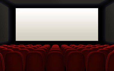 Kırmızı koltuklu boş sinema kendi tasarımını eklemek için boş ekranın sonunda.