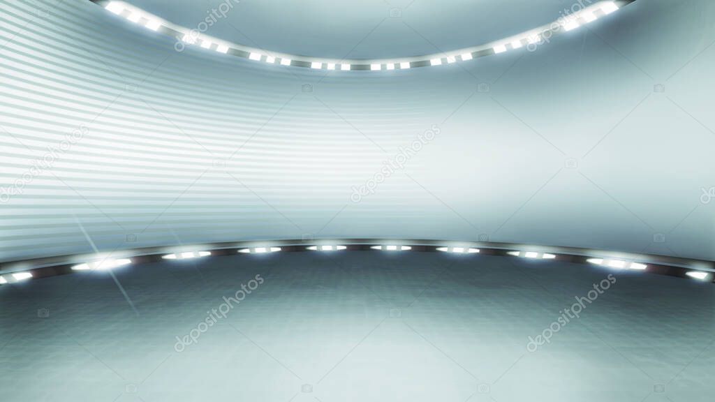 Futuristic virtual studio backdrop, with spotlights. Ideal for virtual tracking system sets, with green screen.